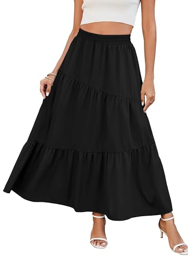 Timuspo kjol dam lång med fickor maxi kjol hög elastisk midja sommar A-linje enfärgad flytande sommarkjol ledig elegant blommor veckad kjol strandkjol veckad kjol, svart, S