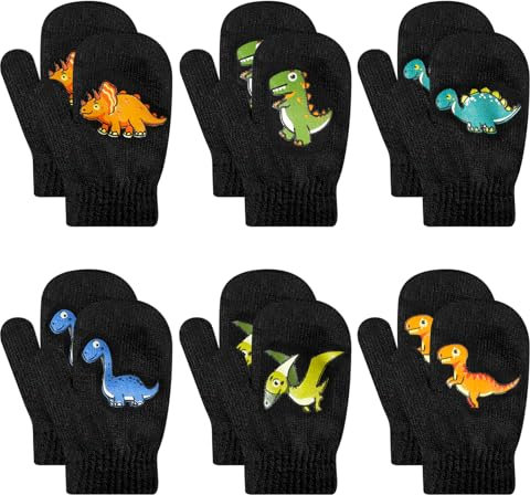 QKURT Kleinkind Gestrickte Fäustlinge, 6 Paare Kinder Dinosaurier Winter Fäustlinge für Alter 2-5, Baby Stretch Fäustlinge, Kinder Magische Handschuhe, Winter Warme Weiche Fäustlinge für Kleine Jungen