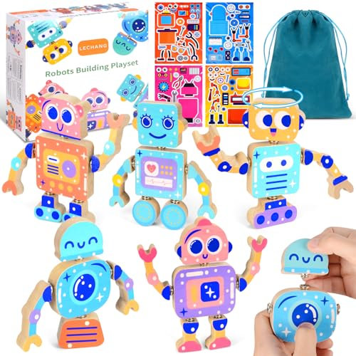 Bloc de Construction Enfant Jouet Montessori, Robots Jouet en Bois Montessori, Jeux en Bois 3 Ans, Jeu de Motricité Fine Jeux de Construction avec Boutons, Jouets Cadeaux pour Garçon Fille 3 4 5 6 Ans