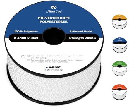 Abma Cord Polyester Rope 4mm x 30m Diamond Braided Cord on Spool - White