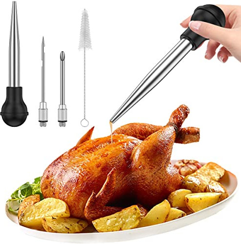 Stainless Steel Turkey Baster Set of 4 Silicone Bulb Turkey Oil Dropper Cooking Turkey Injector Turkey Baster Syringe Meat Marinade Injector Needle Meat Baster with 2 Needle and Cleaning Brush