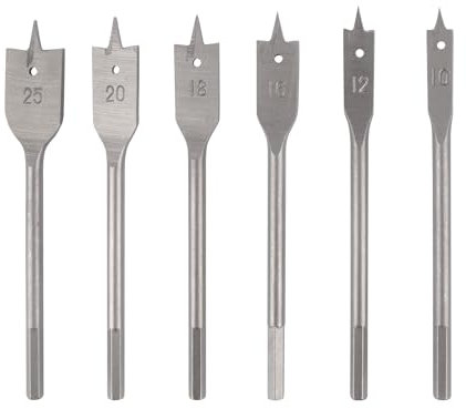 6 Heavy Duty Spade Drill Bits Set with a Vinyl Carry Pouch - 1/4 Inch Quick Change Hex Shank, 10mm, 12mm, 16mm, 18mm, 20mm, and 25mm, Flat wood Bit Set, Woodworking Hole Cutter Tool