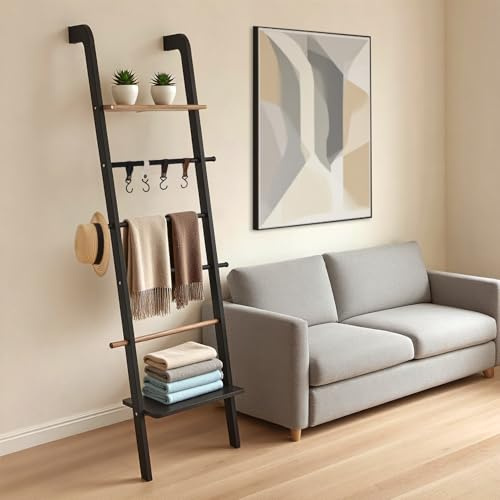 Fuairmee Wooden Ladder with Shelf for Decor, 6-Tier Decor Ladder with Non-Slip Mat & Hooks, Farmhouse Style Leaning Wall Display Holder, Black