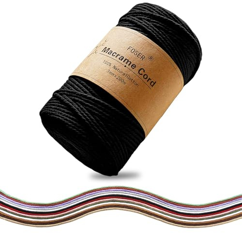 FOSER Premium Makramee Garn 3mm×200m, Baumwollgarn Baumwollkordel, für DIY Deko Handwerk Boho wanddeko (Klassisches Schwarz)