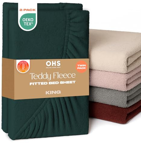 Brentfords King Size Fitted Sheet 2 Pack, Teddy Fleece Fitted Sheet Bed Cover Deep Pocket 25cm Bed Sheets King Size Fluffy Bedding Fade Resistant Cuddly Cosy Teddy Bear Bedding, Forest Green