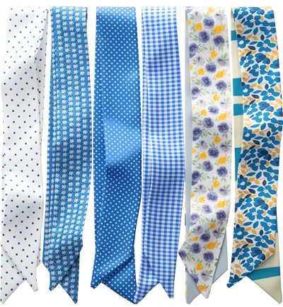 ZXZH 6 Pack Fashion Scarves for Women, Versatile Boho Head Scarf, Satin Scarf for Hair, Neck, Wrist, and Purse Accessories (Blue Mix)