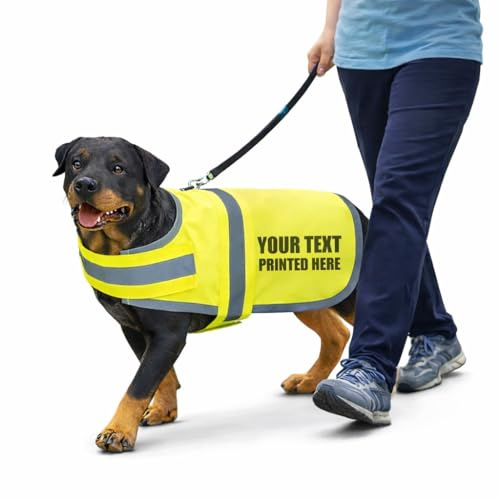Personalised Dog Vest, High Visibility Yellow with Reflective Strips, Custom Text Printing