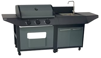 Cook'in Garden - Cocina exterior Gas Burn, barbacoa con fregadero integrado, 3 quemadores de acero inoxidable, grifo con salida de agua, funciona con butano o propano