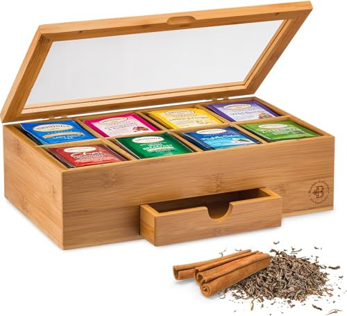 Tea Bag Organizer with Drawer - Bamboo Tea Box Organizer, 8-Compartment Tea Storage Box with Acrylic Lid and Magnetic Closure, Tea Box for Kitchen Counter, Mothers Day Gifts for Mom, Wife, Tea Lovers