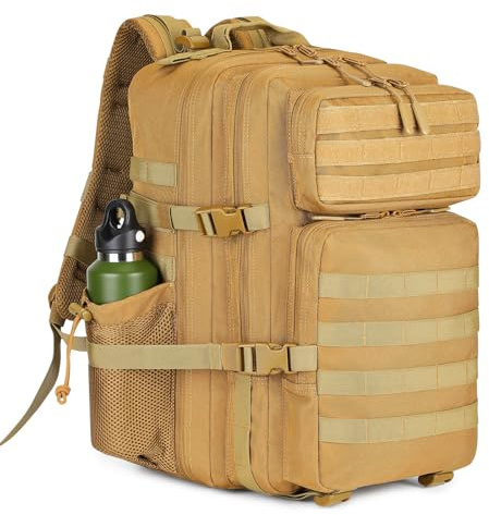 HUNTVP Sac a Dos Militaire 45L, Sac à Dos de Randonnée Homme, Grand Sac a Dos Chasse Multifonction, Sacs pour Travail Voyage Camping Trekking Escalade École Pêche Alpinisme(Marron-45l)