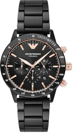 Emporio Armani Montre pour homme, mouvement chronographe, boîtier en céramique noire de 43 mm avec bracelet en céramique, AR70002