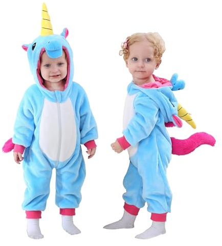 Doladola Costume da Halloween con Tutina con Cappuccio per Animali Costumi per Bambini (unicorno blu, 2-3 anni)