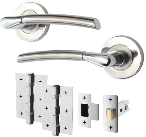 EAI Internal Door Handle Latch Set Duo Finish | 1 Pair Satin Nickel and Polished Chrome Lever on Rose Round | Latch (64mm), Hinges (76mm)
