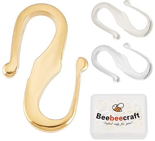 Beebeecraft 1 scatola da 30 12x7.5mm chiusure a gancio a S in ottone placcato oro 24 K e argento Sterling 925, chiusura per collane bracciali collane gioielli fai da te