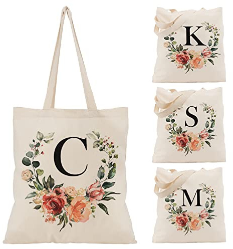 Floral Initial Tote Bag - 15'x16' Canvas Bags for Women - Bridesmaid Hen Party Shopping Large Bag Teacher Birthday Gift C2 (Initial #C)