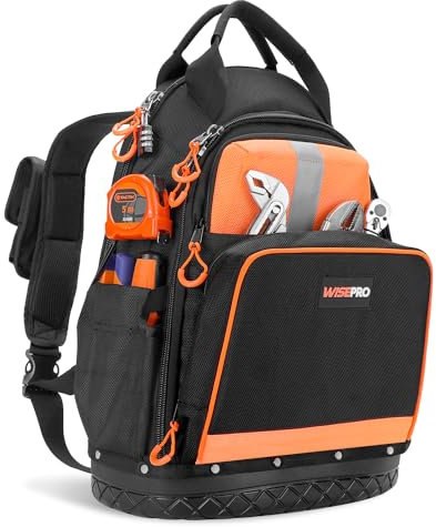 WISEPRO Tool Backpack with Laptop Compartment, Hard-Based Tradesman Backpack, Full-Open Tool Bag, Heavy-Duty Tool Carrier Bag for Electricians, Construction, Men