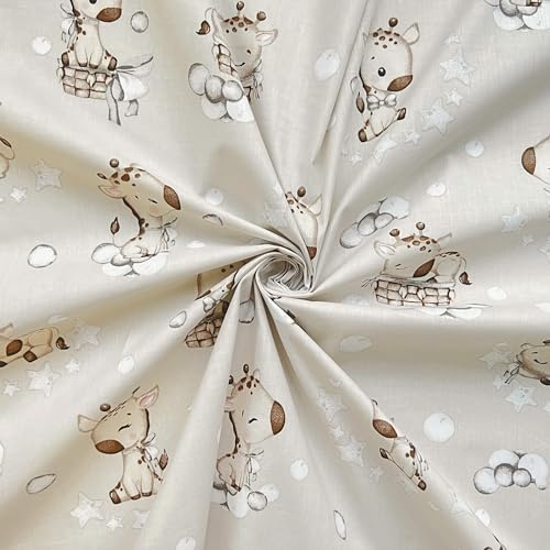 Textrend, tessuto di cotone a metraggio, 100% cotone, morbido, tessuto 1x1,6m, patchwork, tessuto a metraggio, per bambini, animali (Baby giraffe beige su sfondo beige)