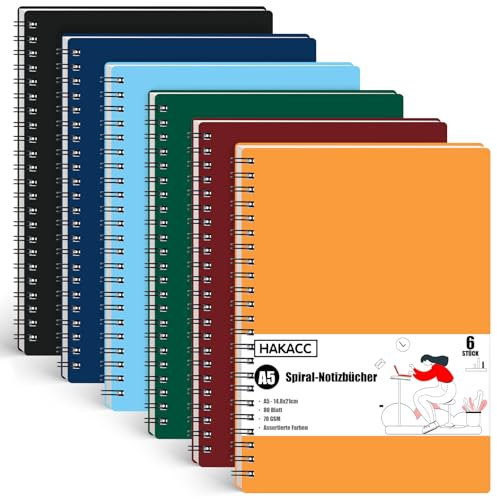 HAKACC A5 Liniert Notizbuch, 480 Blatt/960 Seiten Notizblock, Hardcover Spirale Notizbuch für Reisen Büro Schulbedarf 14.8 x 21 cm 6 Stück 6 Farben (80 Blatt Pro Stück)