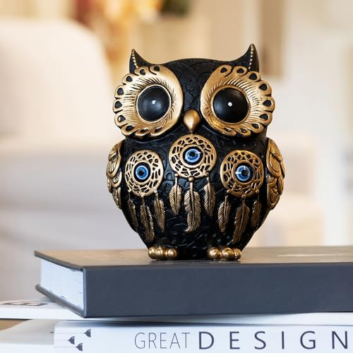 Vintage Black Owl Statue Home Decor - Evil Eye Accent for Bookshelf, Bedroom, Living Room, Office & Table. Cute Small Animal Sculpture Gift for Owl & Birds Lovers