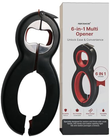 Performore 6 in One Opener - Multi Opener Kitchen Tool - Compact Jar Opener - Bottle and Jar Openers for Seniors - Grip to Open Jars and Bottles