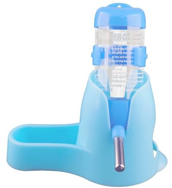 Tabanzhe Hamster Water Bottle with Stand,80ml Automatic Bottle Dispense with Food Container No Drip Leak-Proof Feeder Nozzle Water Auto Dispenser Stand for Small Animals Guinea Chinchillas Rat(Blue)