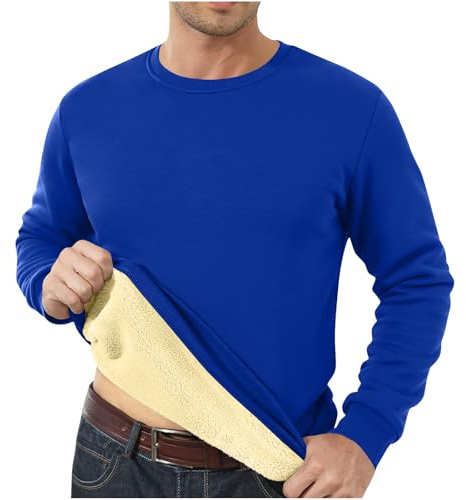 HAOLEI Mens Fleece Jumpers Crew Neck Fleece Lined Sweatshirts Thermal Winter Warm Pullover Sherpa Sweater Long Sleeve Plain Casual Workwear Thick Gym Fuzzy Fluffy Sweatshirt UK Sale Clearance Blue
