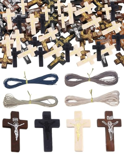 QLEUIFT Colgantes Cruz De Madera,120 Pcs 42 * 24mm Cruces De Madera Natural con Cuerda De Cera De 40M Accesorios De Joyería con Agujeros Pequeños para Manualidades DIY Fabricación De Joyas