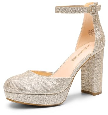 DREAM PAIRS Zapatos de Tacón Alto Chunky con Plataforma para Mujer, Punta Cerrada, Correa de Tobillo, Vestido, Fiesta Nupcial, Zapatos de Boda,Size 37,Oro,DWUMPU2534