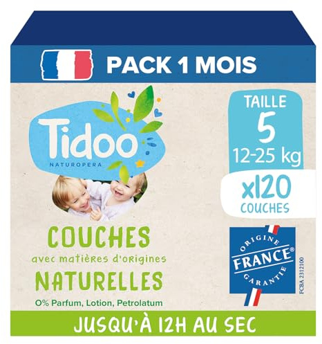TIDOO - Couches écologique Taille 5 (12-25kg) - Origine Naturelle, sans substances nocives - 12h au sec, ultra absorbantes - Fabriquées en France - 120 Couches Jetables - Pack 1 Mois
