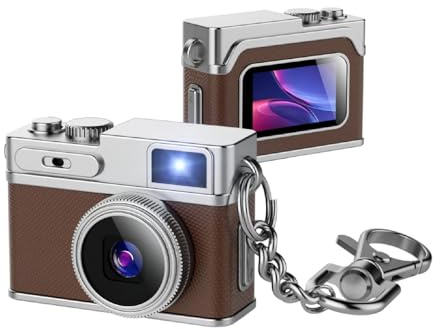 Jiawu Mini Keychain Camera, 1080P FHD Mini Retro Digital Camera, Compact Portable Tiny Cameras, Vintage Pocket Video Recorder with 32GB Card, OTG Adapters for Travel Study (Brown)