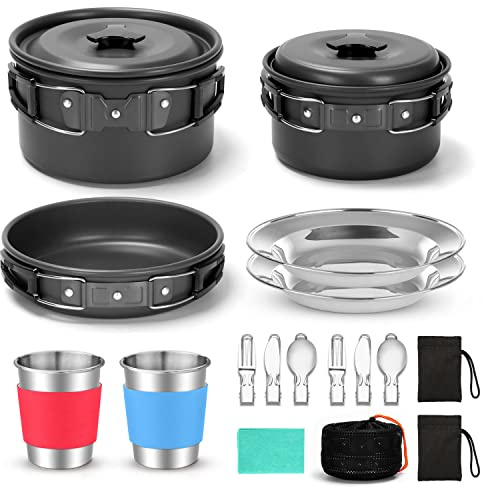 Odoland 15pcs Camping Cookware Mess Kit, Non-Stick Lightweight Pots Pan Set with Stainless Steel Cups Plates Forks Knives Spoons for Camping, Backpacking, Outdoor Cooking and Picnic