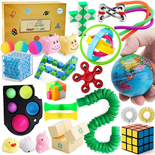Fidget Toy Set Anti Stress Spielzeug Pop It Set mit Squishy Mochi Stressball Fidget Spinner Anxiety Ring Anti Stress Ball Sensorik Toys | Geschenkbox für Kinder und Erwachsene (Braun, 27-teilig)