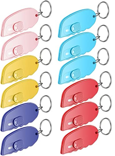 Minatee 12 Pack Mini Box Cutter Portable Mini Keychain Box Cutter with Auto Retractable Blade Pocket Utility Knives Small Letter Opener for Opening Packages(Classical Color)