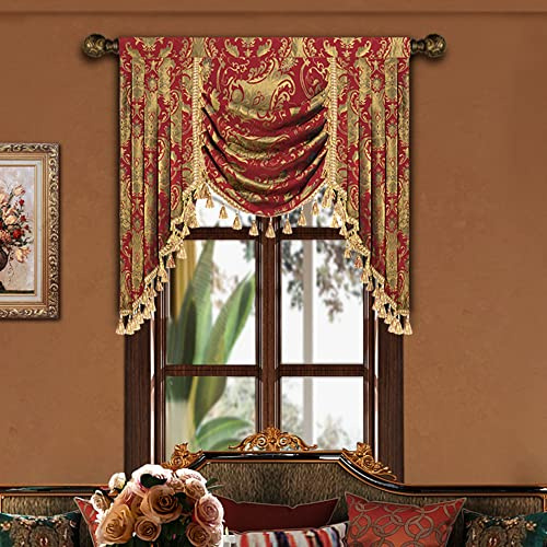 TOPLUXE Swag Valance for Windows, Damask Waterfall Valance with Tassels, Short Curtain for Bedroom Living Room Kitchen, Rod Pocket (Width 100cm, Red)