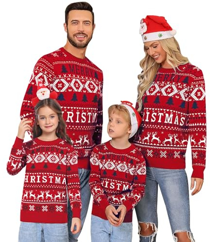 Migcaput Pull de Noël Famille Sweater Tricots Pulls à Manches Longues à Col Rond Pull Hiver Doux Chaud Festif Imprimé avec Renne Flocon de Neige Arbre