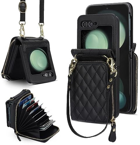 XIZYO Fermeture à Glissière Paquet de Cartes Flip PU Cuir Coque pour Samsung Galaxy Z Flip 5, avec Lanière Amovible et Réglable, Housse Filles Femmes Mignon Luxe avec Porte-Cartes, Noir