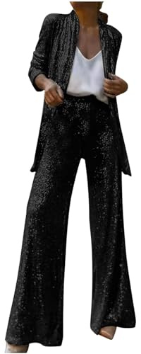 Conjunto de 2 piezas de lentejuelas brillantes para mujer, blazer de manga larga y pantalones de cintura alta, elegante conjunto de fiesta de noche, Negro, XL
