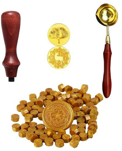 Scentoria 300 Stück Siegelwachs Gold, Siegelwachs Perlen mit 1 Schmelzlöffel, 2 Siegelstempel, Wachssiegel Set für Stempel, für wachsstempel/Einladungen/Umschläge/Karten (Gold)