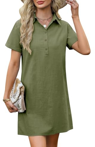 PASUDA Sommarklänningar för kvinnor vardaglig t-shirt klänning kortärmad elegant tunika klänning lös plusstorlek enfärgad bomull kort klänning med fickor, gRÖN, L