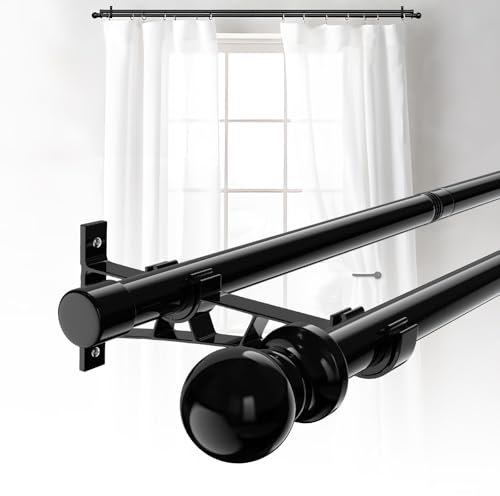 Double Curtain Pole 78-224cm,Black Metal Bay Window Curtain Pole with Brackets,1 Inch Diameter Heavy Duty Wall Mounted Room Darkening Double Curtain Rods for Bedroom,Living Room,Kitchen,Outdoor,Patio