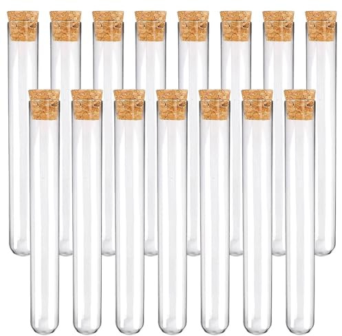JIADEXIN 15 Pièces Tubos de Ensayo Transparente - Tubo Ensayo con Tapones de Corcho Probetas Plastico Reutilizables para Laboratorio, Manualidades de Bricolaje, Semillas, Especias, Líquidos, Dulces