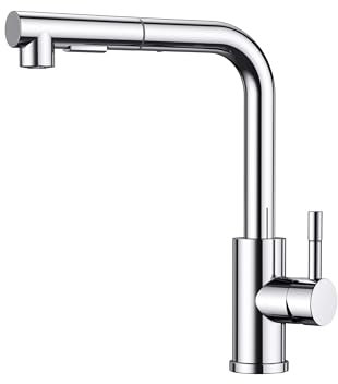 FORIOUS Robinet Cuisine, Mitigeur Cuisine avec Douchette Extractible, 2 Modes de Pulvérisation et Pivotante à 360°, En Forme de L Acier Inoxydable Monolevier Robinet Evier, Chrome Poli