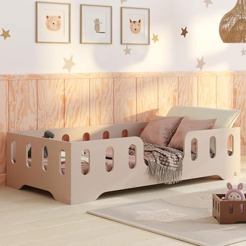 smartwood Golvsäng 60x120 Kashmir - Montessori Barnsäng i trä med FSC-certifikat - TILA 2 med fallskydd och ribbotten, belastningsbar upp till 230 kg - Enkel montering