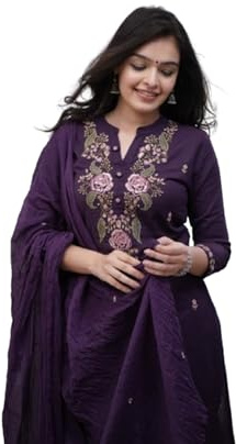 Womentus Women's Embroidered Purple Kurta Set with Dupatta, 3 Piece Traditional Ethnic Wear, Floral Design (US, Alpha, XX-Large, Regular, Regular, Purple)