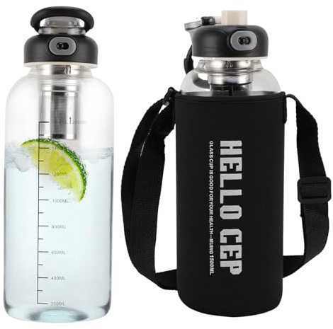ZEMBSOYA Borosilicate Glass Water Bottle with straw, Drinking Bottle, Drinking cup With Sleeve Tea Infuser Bottle Wide Mouth Leakproof Heatproof Travel Tea Bottle(2.0L)