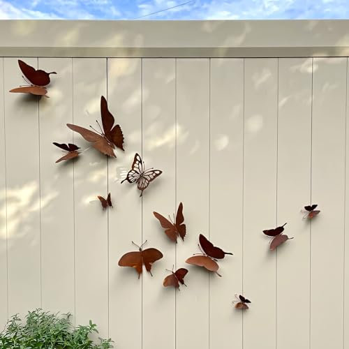 Lot de 12 papillons décoratifs de jardin en forme de rouille pour l'extérieur - Figurines 3D en métal - Décoration murale de jardin avec motif creux - Pour arbres, poteaux, clôtures, décoration de