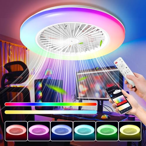 Joparri Ventilador de techo RGB con iluminación y mando a distancia, diámetro de 49 cm, lámpara de techo LED inteligente, 3 temperaturas de color y 6 marchas, temporizador de verano e invierno, para