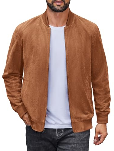 COOFANDY Blouson bomber léger en daim pour homme - Style universitaire - Vintage - En similicuir, marron, Medium