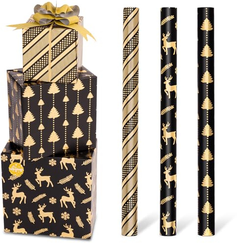 Toptime 3 Rouleau Papier Cadeau Noël, 43 x 3m Noir et Doré Emballage Cadeau de Noël avec Autocollants, Métallisée Papier Cadeaux de Noel avec Arbres Rayures Rennes, pour Nouvel An, Fête, Vacances