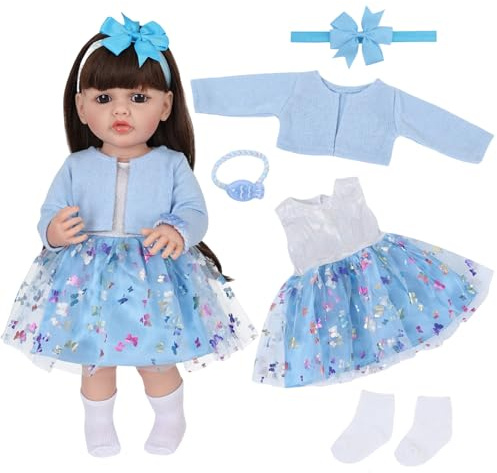 Lot de 5 vêtements de poupée pour poupée de 50 à 55 cm - Bleu mignon - 50-55 cm - Robe en tulle avec veste - Jupe en tulle avec motif papillon - Bandeau élastique à cheveux - Cadeaux pour filles et